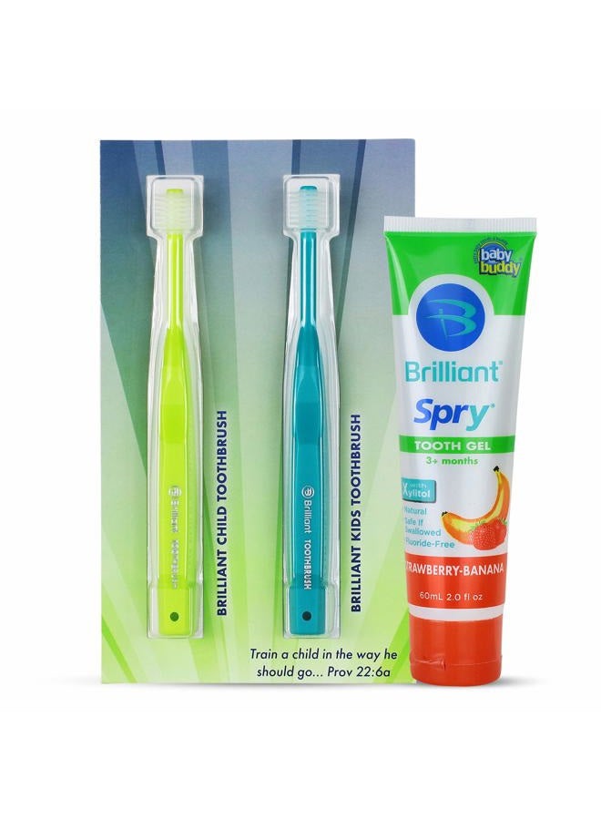 Brilliant Growing Kids Oral Care Kit of Baby Buddy 's Oral Care Program - Includes Child Toothbrush, Kids Toothbrush & 2oz Spry Strawberry-Banana Tooth Gel, 2+ Years, Green - Image 2