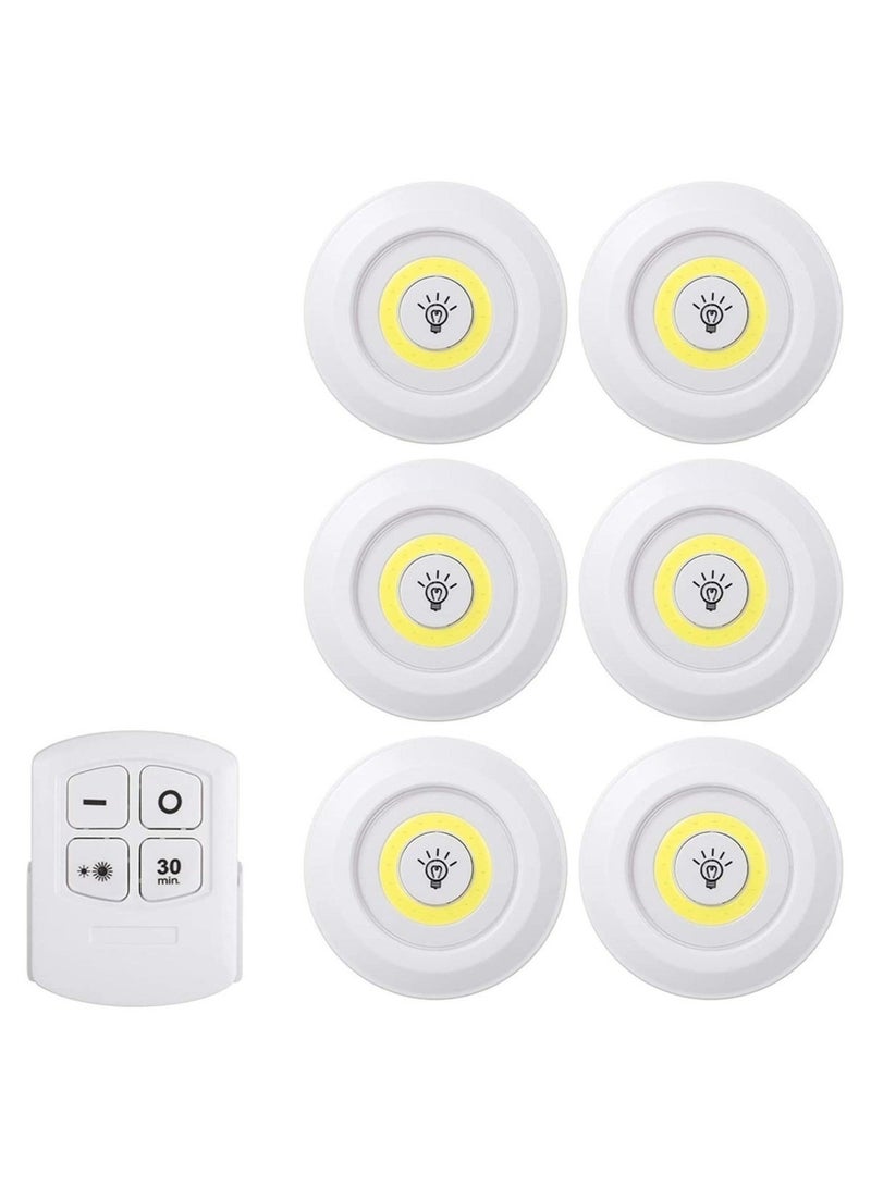 ELTRAZONE ELTRAZONE 1W COB LED Puck Light 6 Pack with Remote Controller Brightness Adjustable Wireless Dimmable Touch Sensor Control Night Lamp Under Cabinet Lighting Battery Powered Operated for Cabinet Wall 