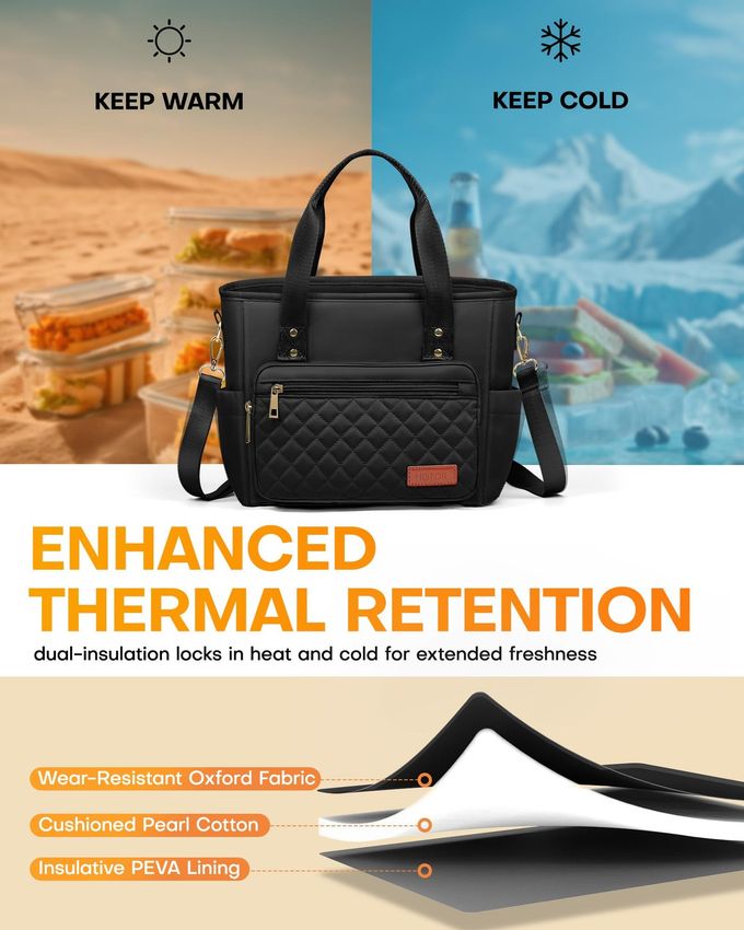HOTOR Lunch Box for Women Insulated Lunch Bag with Multiple Pockets, Portable Lunch Tote & Cooler with Handles & Adjustable Strap for Work, Picnic, Short Trip, 12.6" x 5.9" x 10.2", Black - Image 3