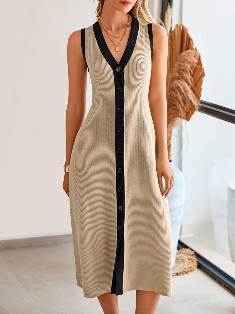 Saodimallsu Womens Summer Button Down Sweater Dresses Sleeveless V Neck Casual Ribbed Knit Color Block Long Tank Dress Apricot - Image 2