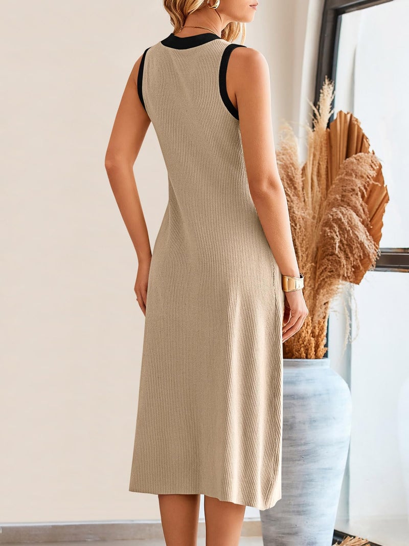 Saodimallsu Womens Summer Button Down Sweater Dresses Sleeveless V Neck Casual Ribbed Knit Color Block Long Tank Dress Apricot - Image 5