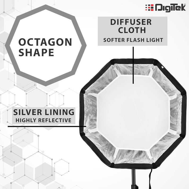 Digitek ® (DSBH-055) مجموعة صندوق ناعم بزاوية 55 سم مع حامل من نوع S2، 2 ورقة م diffuser بيضاء، حاجز جزيئات فضية وغطاء نايلون قابل للطي، متوافق مع جميع فلاشات السرعة (حقيبة حمل مشمولة) - Image 5