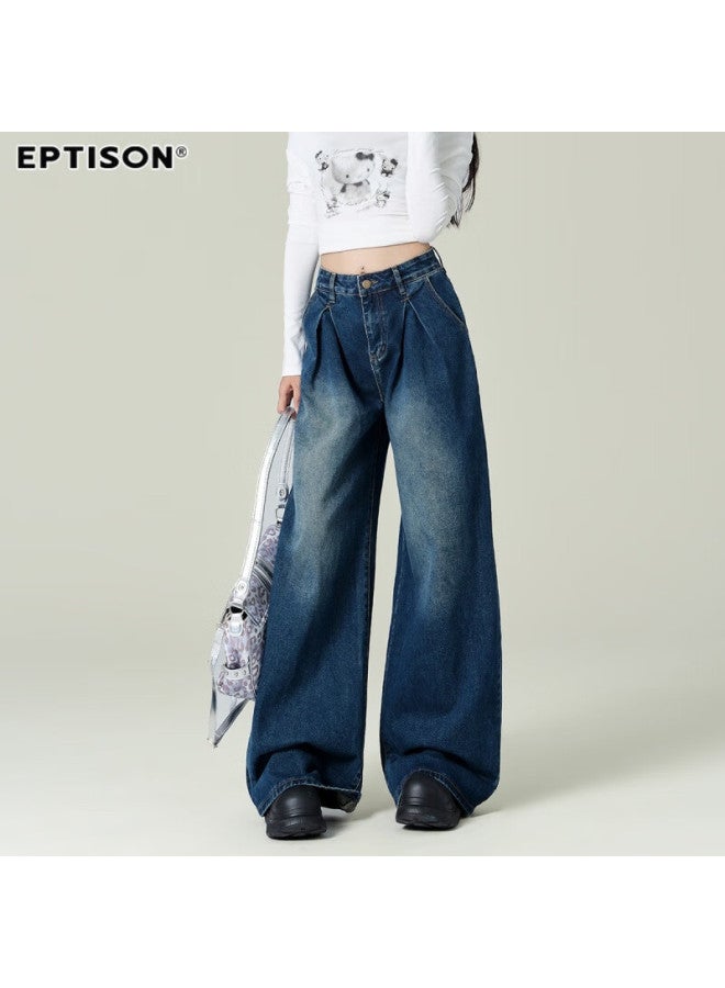 EPTISON Yipintiancheng Autumn Vintage Jeans For Women, Washed Vintage Style, Loose-fitting, Slimming Wide-leg Trousers - Image 2