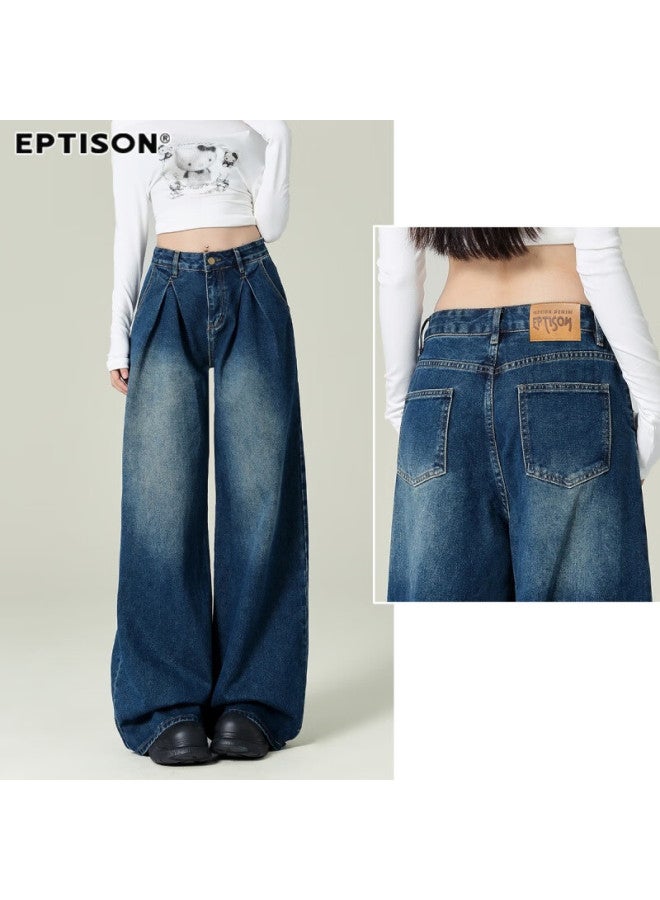 EPTISON Yipintiancheng Autumn Vintage Jeans For Women, Washed Vintage Style, Loose-fitting, Slimming Wide-leg Trousers - Image 5