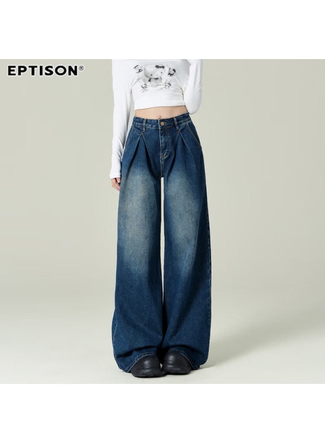 EPTISON Yipintiancheng Autumn Vintage Jeans For Women, Washed Vintage Style, Loose-fitting, Slimming Wide-leg Trousers - Image 3