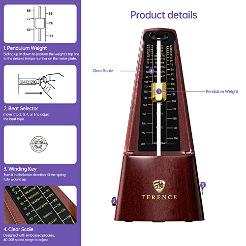 TERENCE Mechanical Metronome, Universal Metronome for Piano Guitar Violin Drums and Other Instruments, Loud Sound, Accurate Track Beat and Tempo for Beginners(Black) - Image 2