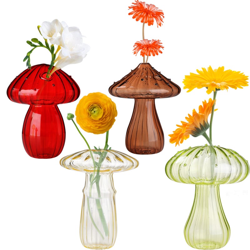 4 PCS Mushroom Shaped Glass Vase Planters Clear Hydroponic Vase Flowers Plants for Decorative CenterpieceTable DecorHome Wedding Party 4 Color