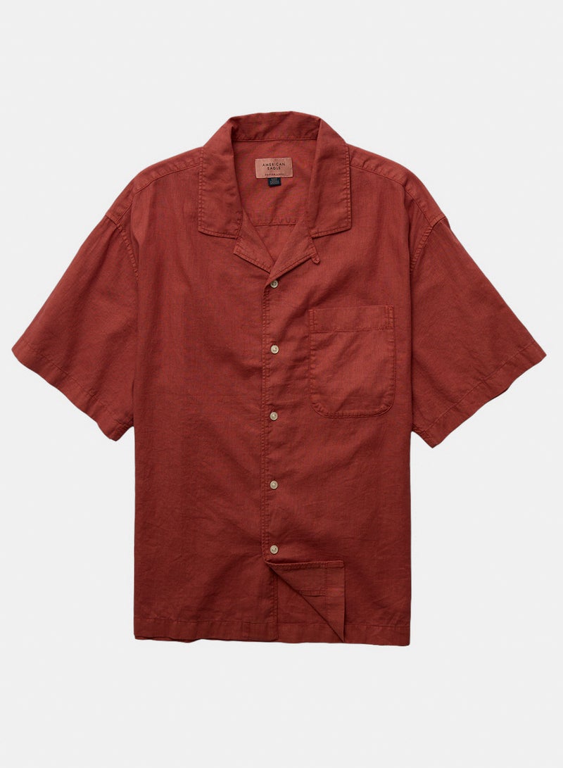 American Eagle AE Relaxed Fit Linen-Blend Camp Collar Shirt - Image 3