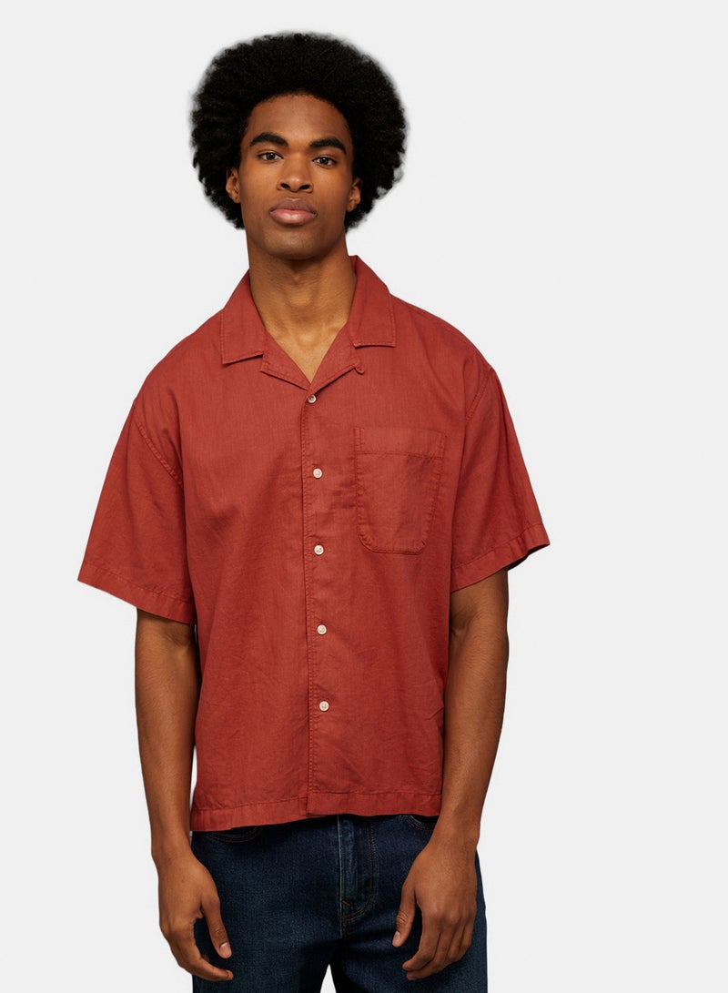 American Eagle AE Relaxed Fit Linen-Blend Camp Collar Shirt - Image 1