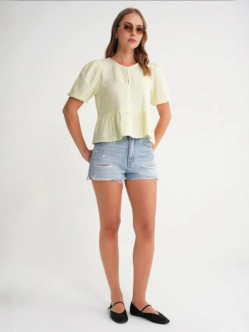 MixRay Mixray Textured Muslin Crew Neck Blouse with Button Closure