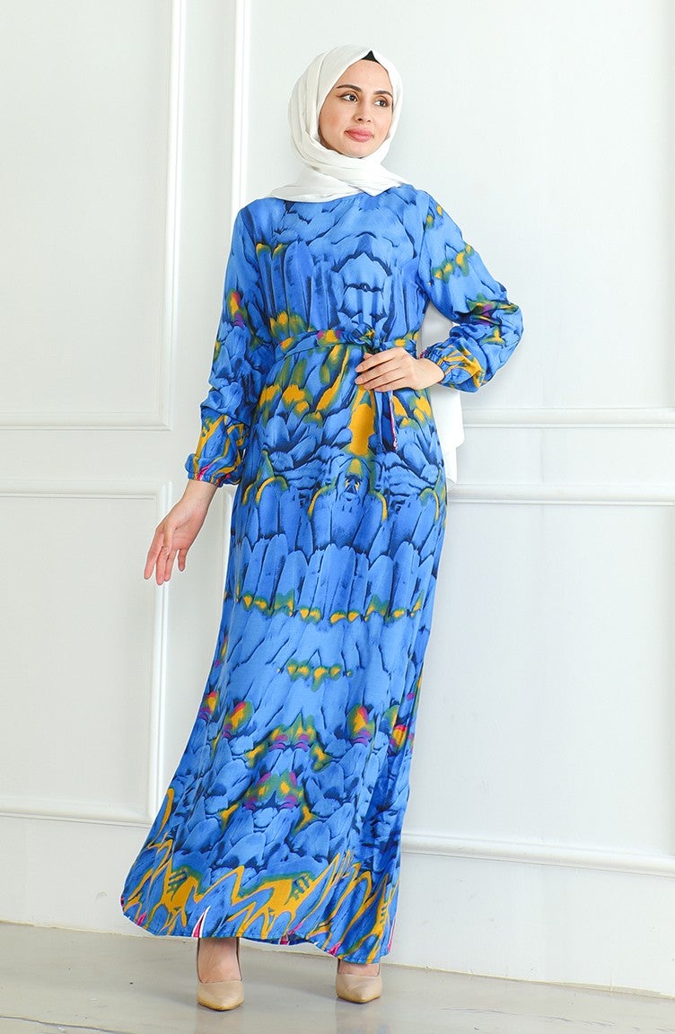 Sefa Merve Patterned Belted Viscose Dress 0496-04 Blue - Image 1