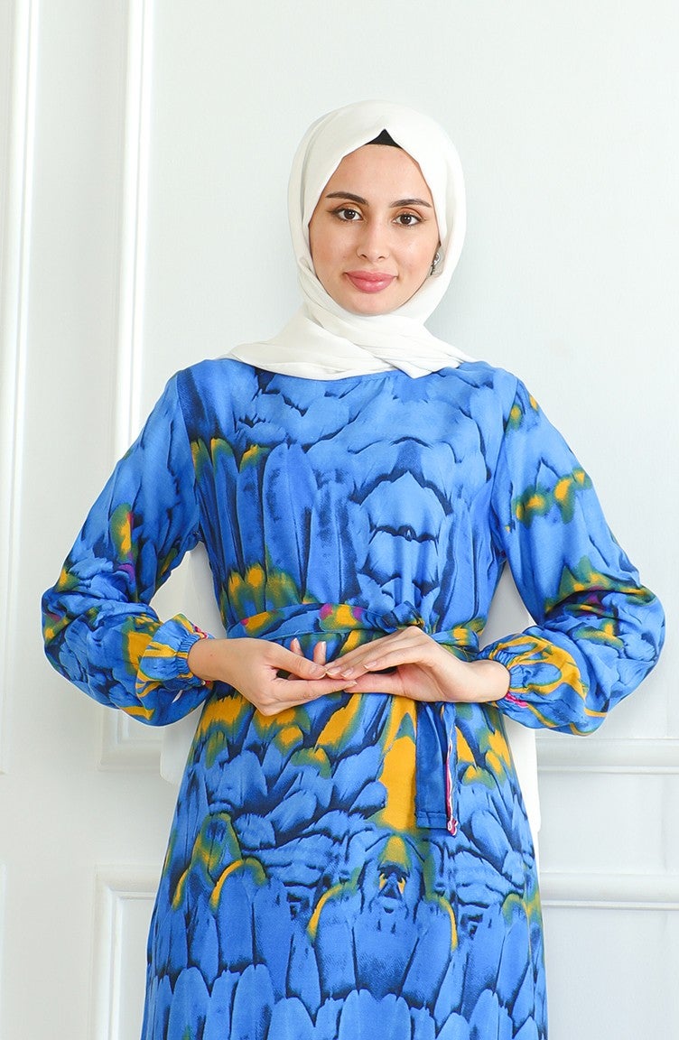 Sefa Merve Patterned Belted Viscose Dress 0496-04 Blue - Image 3