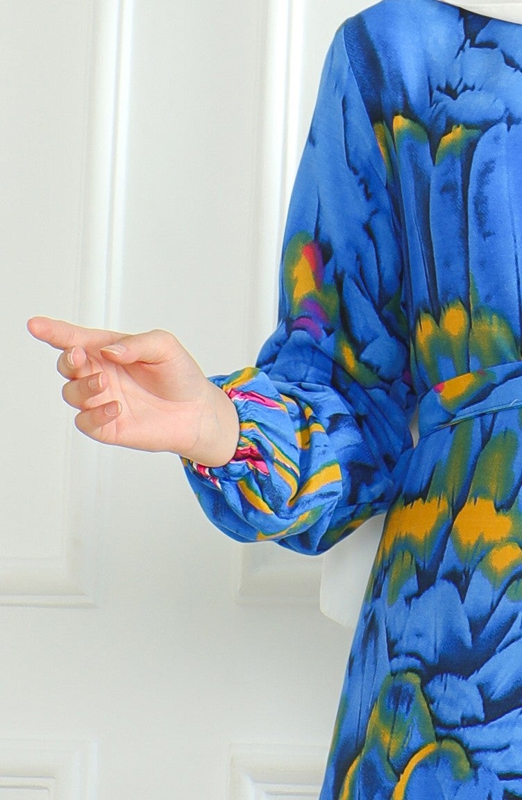 Sefa Merve Patterned Belted Viscose Dress 0496-04 Blue - Image 5