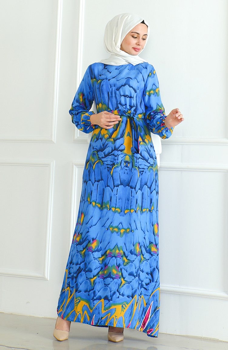 Sefa Merve Patterned Belted Viscose Dress 0496-04 Blue - Image 2