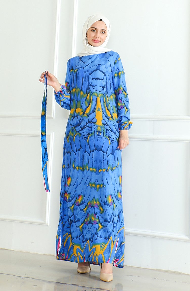 Sefa Merve Patterned Belted Viscose Dress 0496-04 Blue - Image 4