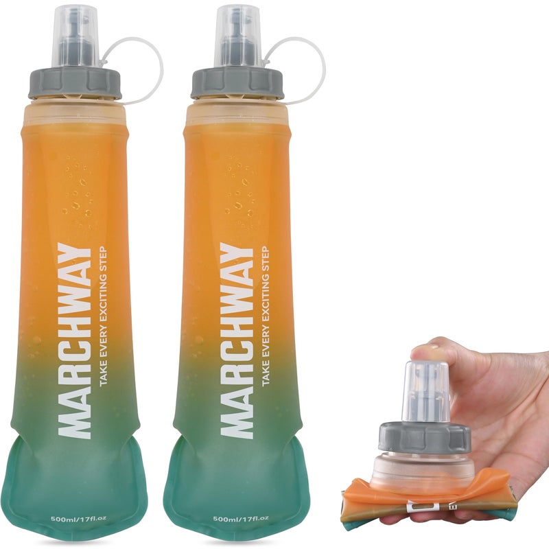 MARCHWAY Soft Hydration Flask with Wide Mouth, 300ml/500ml Collapsible TPU Water Bottle, Leakproof Portable Flexible for Running, Hiking, Cycling, Climbing, Gym, Travel (2pcs Orange-Green 500ml) - Image 1
