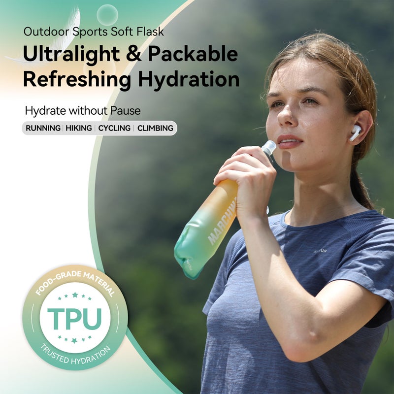 MARCHWAY Soft Hydration Flask with Wide Mouth, 300ml/500ml Collapsible TPU Water Bottle, Leakproof Portable Flexible for Running, Hiking, Cycling, Climbing, Gym, Travel (2pcs Orange-Green 500ml) - Image 2