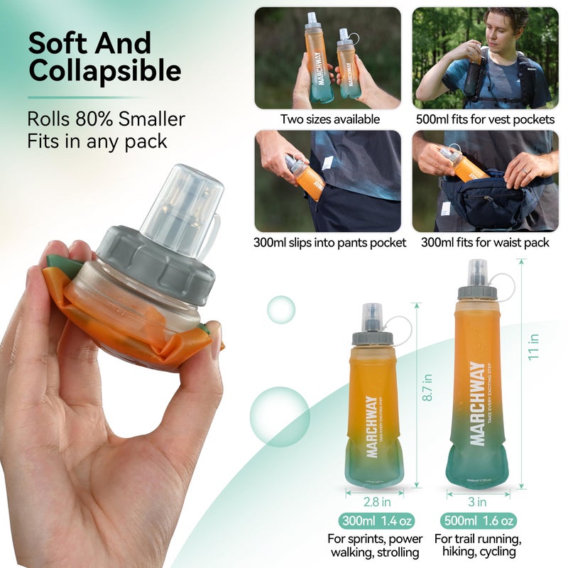 MARCHWAY Soft Hydration Flask with Wide Mouth, 300ml/500ml Collapsible TPU Water Bottle, Leakproof Portable Flexible for Running, Hiking, Cycling, Climbing, Gym, Travel (2pcs Orange-Green 500ml) - Image 5