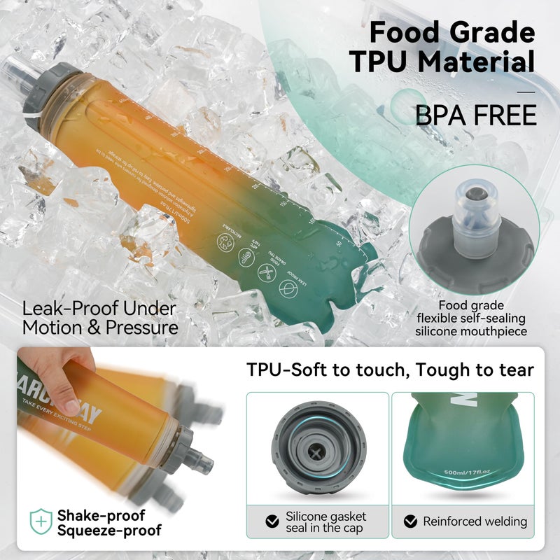 MARCHWAY Soft Hydration Flask with Wide Mouth, 300ml/500ml Collapsible TPU Water Bottle, Leakproof Portable Flexible for Running, Hiking, Cycling, Climbing, Gym, Travel (2pcs Orange-Green 500ml) - Image 3