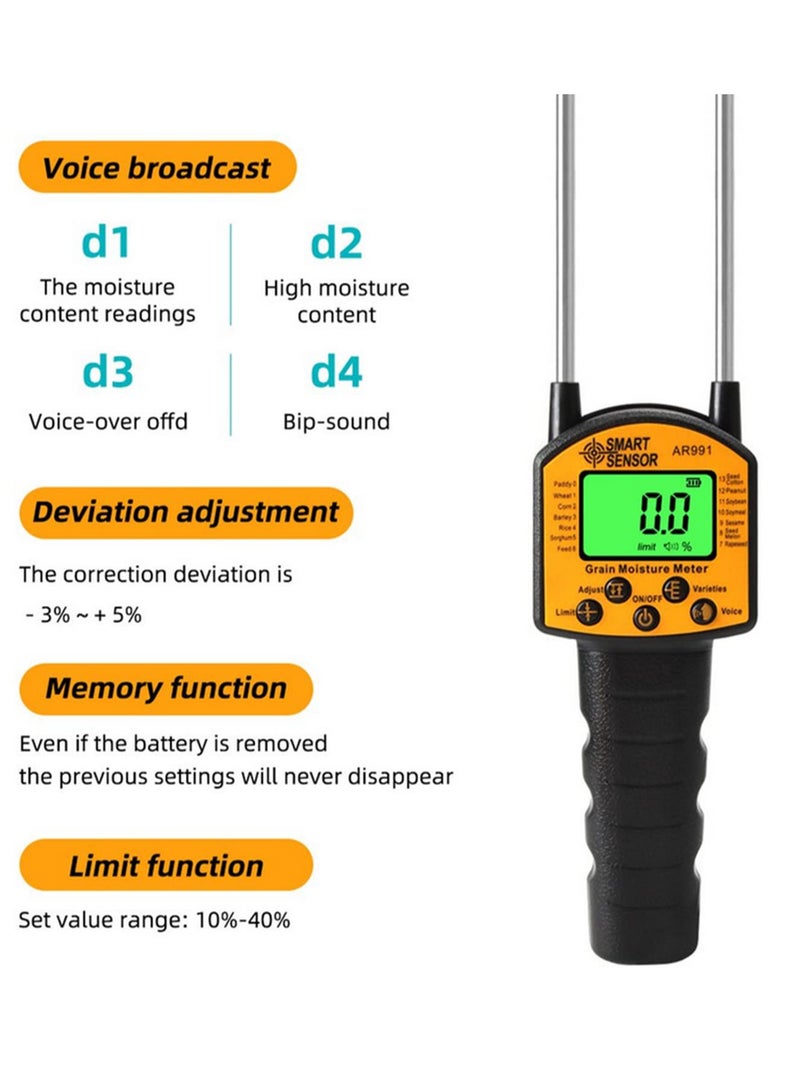 Grain Moisture Meter Digital Hygrometer for Corn Wheat Rice Beans Wheat Flour Fodder Rapeseed Seeds Grain Moisture Tester for Agriculture Farming and Food Storage AR991  - Image 2