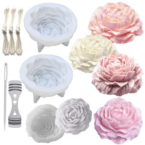 Nimozekd Large&Small Peony Flower Silicone Soap Molds 3PCS Peony Silicone Candle Mold with Large-Eye Wicking Needle,Candlewick for Chocolate Cake Candy Moulds Epoxy Resin Plaster Clay - Image 1