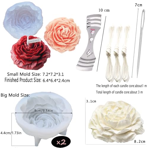 Nimozekd Large&Small Peony Flower Silicone Soap Molds 3PCS Peony Silicone Candle Mold with Large-Eye Wicking Needle,Candlewick for Chocolate Cake Candy Moulds Epoxy Resin Plaster Clay - Image 2