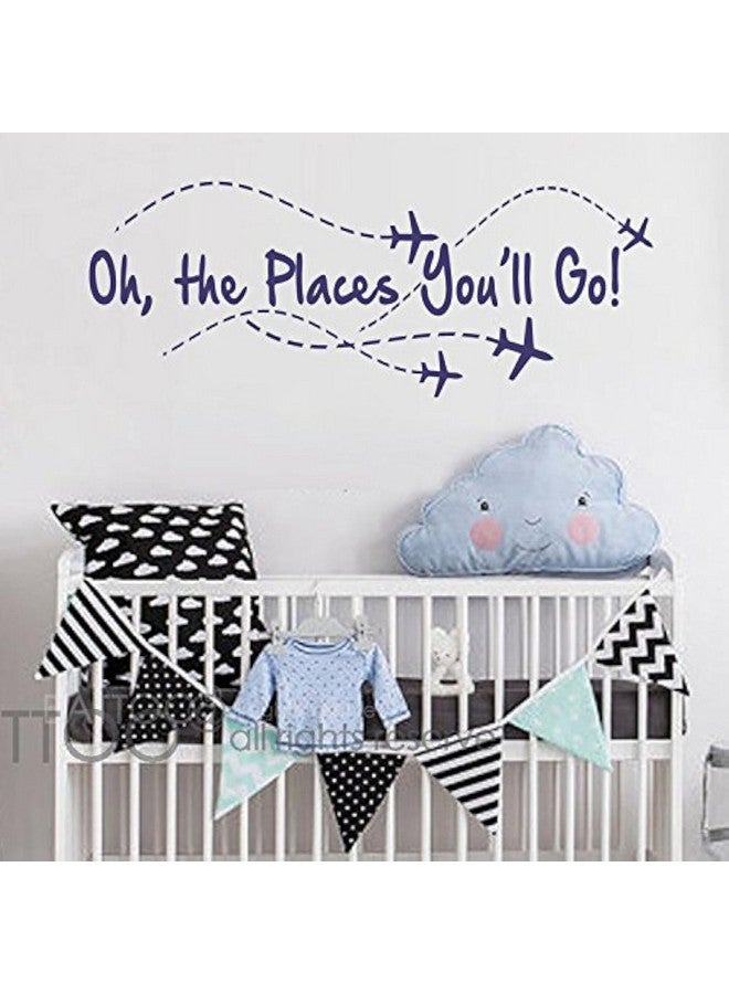BATTOO Airplane Wall Decal - Oh The Places You'll Go - Pilot Quote - Boy & Girl Decor (Navy Blue, 22" W x 8.5" H) - Image 1
