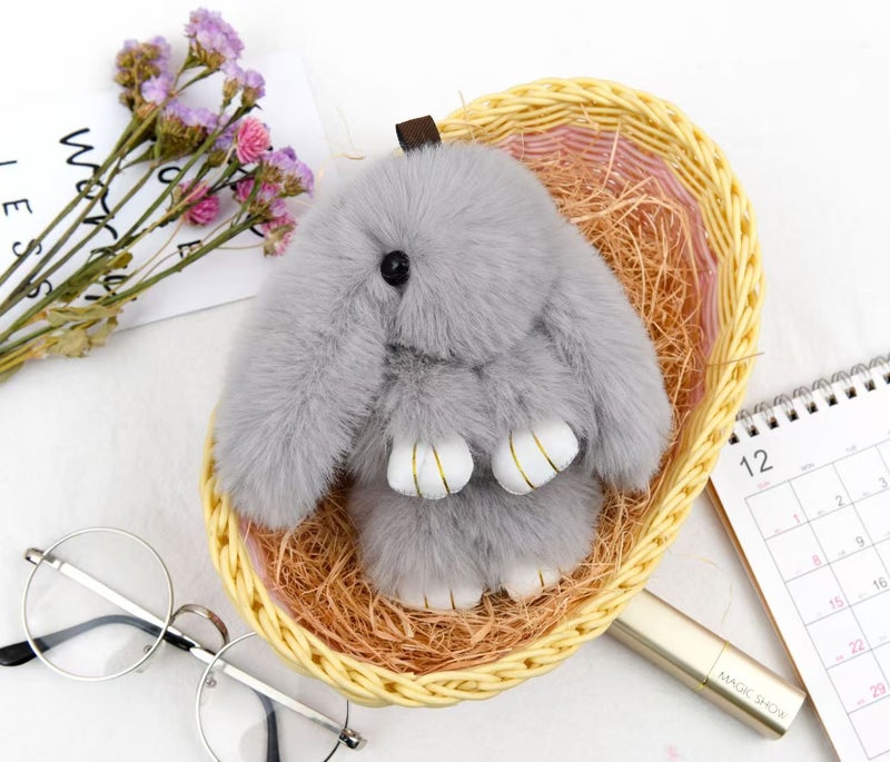 Plush Ear Rabbit Pendant Imitation Rex Rabbit Hair Mini Keychain Plush Cute Rabbit School Bag Pendant Dead Rabbit Hanging Light gray - Image 1
