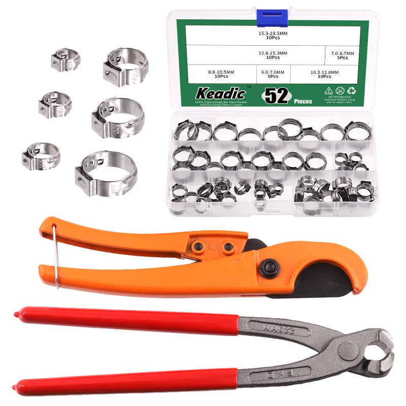 Keadic 52Pcs Ear Hose Clamp Crimping Tool and PEX Pipe Cutter for 18 inch1 14 inch Tube with 6mm to 185mm 304 Stainless Steel Clamps PEX Cinch Fastening Tool for Automotive Marine Motorcycl