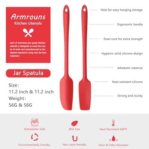 Armrouns 2-pack Jar Spatula Long Handle Silicone Kitchen Scraper Spatula Non-Stick Rubber Scraper for Jars, Cooking Baking Stirring Mixing (Red) - Image 3