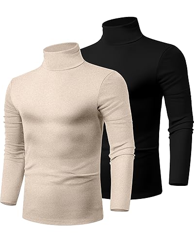 Ficerd 2 Pack Men's Turtle Neck Shirts, Lightweight Cotton Pullover Sweater Slim Fit Mock Turtleneck Knitted Long Sleeve Tops (Black, Apricot,Medium) - Image 2