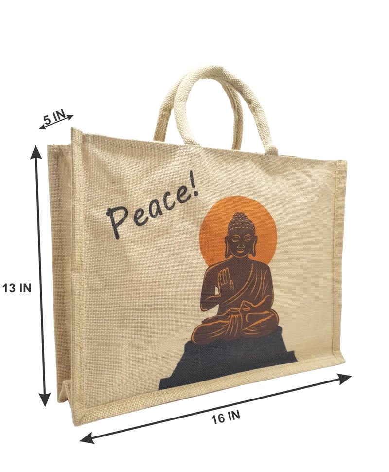 Sangra Peace Printed Unisex Jute Tote Bag | Versatile Lunch, Beach, Shopping, and Grocery Bag with Zipper and Small Pouch - Image 2