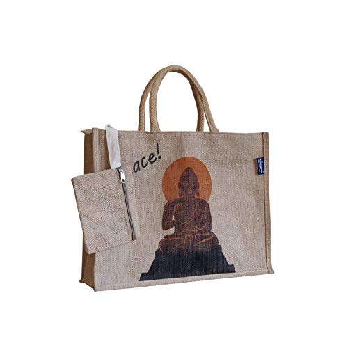 Sangra Peace Printed Unisex Jute Tote Bag | Versatile Lunch, Beach, Shopping, and Grocery Bag with Zipper and Small Pouch - Image 3