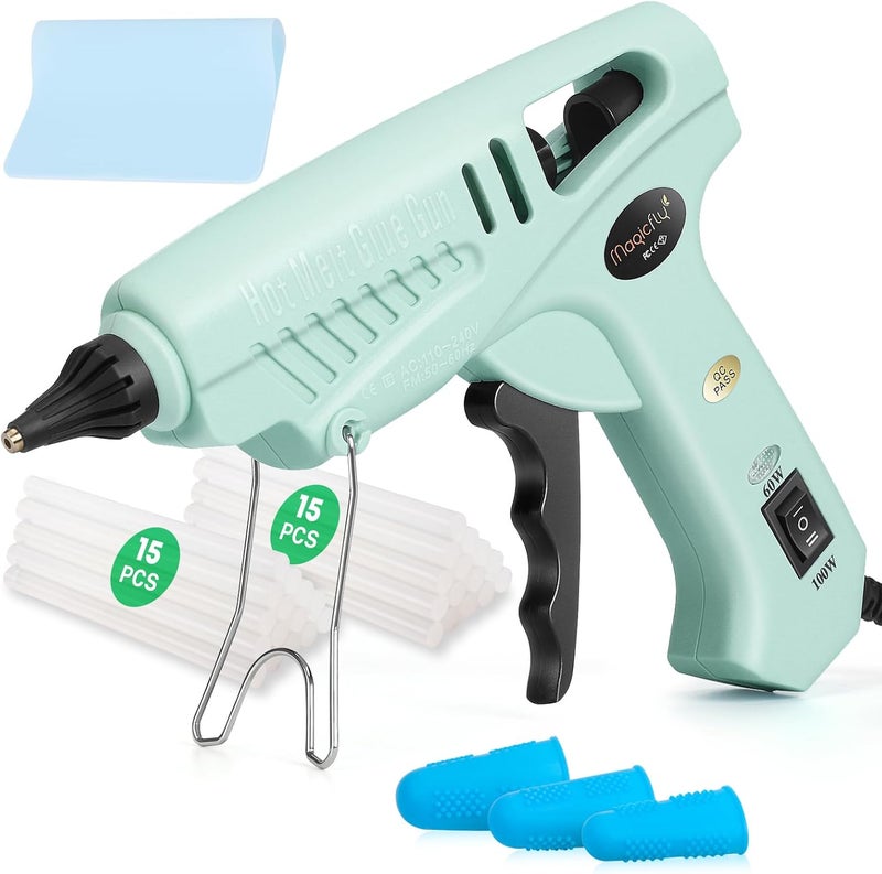 Magicfly 60/100W Hot Glue Gun Full Size with 30 Pcs Hot Glue Sticks (0.43 X 5.9 inch), Dual Power High Temp Melt Glue Gun Kit with Finger Caps, Mat for Arts Craft, Household, Green - Image 1