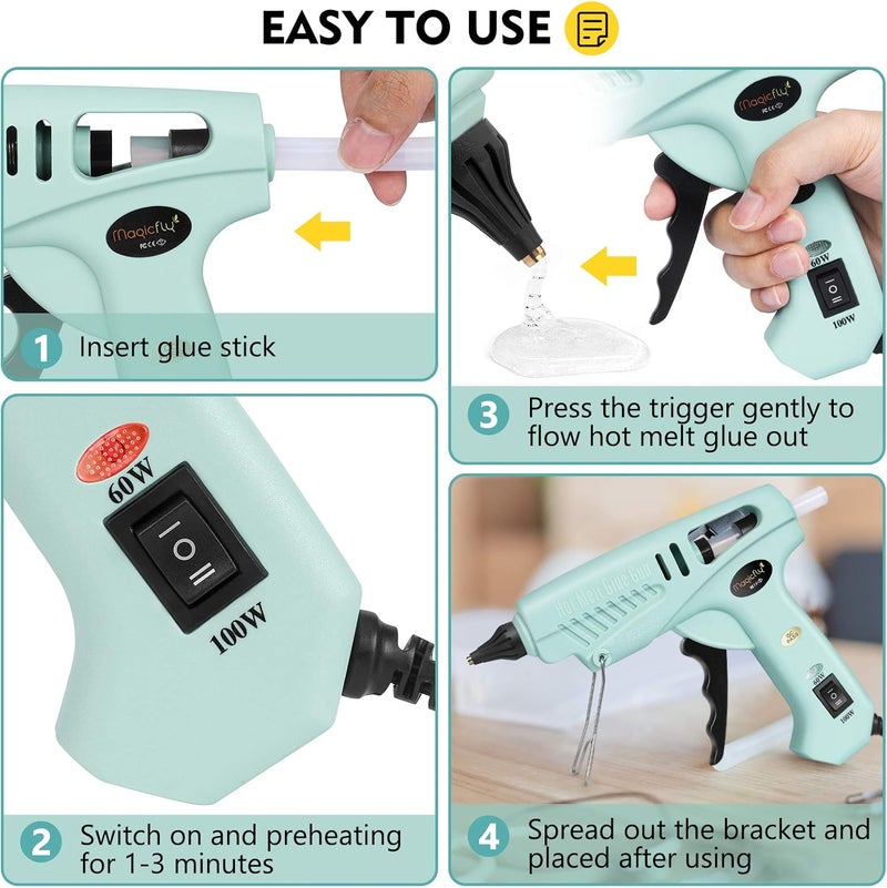 Magicfly 60/100W Hot Glue Gun Full Size with 30 Pcs Hot Glue Sticks (0.43 X 5.9 inch), Dual Power High Temp Melt Glue Gun Kit with Finger Caps, Mat for Arts Craft, Household, Green - Image 4