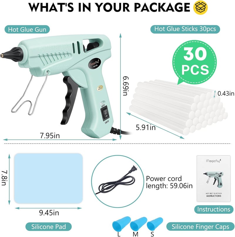 Magicfly 60/100W Hot Glue Gun Full Size with 30 Pcs Hot Glue Sticks (0.43 X 5.9 inch), Dual Power High Temp Melt Glue Gun Kit with Finger Caps, Mat for Arts Craft, Household, Green - Image 2