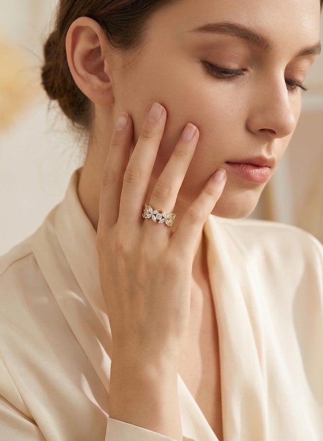 TOPGRILLZ Flower Band Rings for Women - 9 mm White Gold Plated Copper, 5A Cubic Zirconia Eternity Style Chunky Ring, Marquise and Round Stone, Size 8 - Image 5