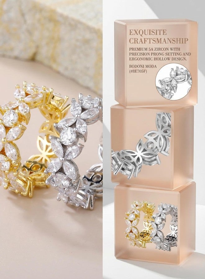 TOPGRILLZ Flower Band Rings for Women - 9 mm White Gold Plated Copper, 5A Cubic Zirconia Eternity Style Chunky Ring, Marquise and Round Stone, Size 8 - Image 2
