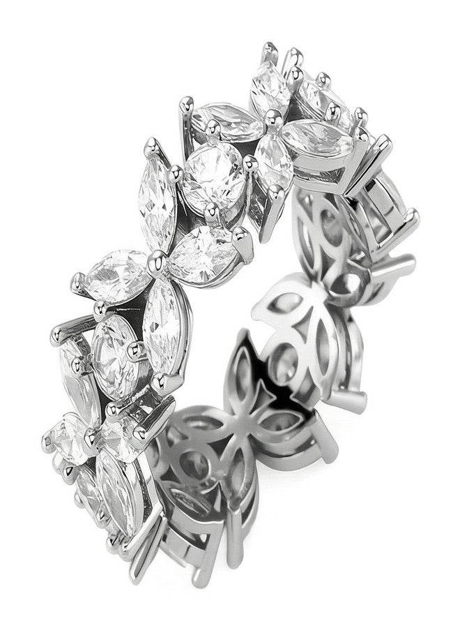 TOPGRILLZ Flower Band Rings for Women - 9 mm White Gold Plated Copper, 5A Cubic Zirconia Eternity Style Chunky Ring, Marquise and Round Stone, Size 8 - Image 1