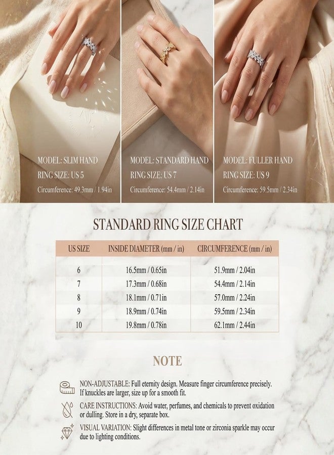 TOPGRILLZ Flower Band Rings for Women - 9 mm White Gold Plated Copper, 5A Cubic Zirconia Eternity Style Chunky Ring, Marquise and Round Stone, Size 8 - Image 4