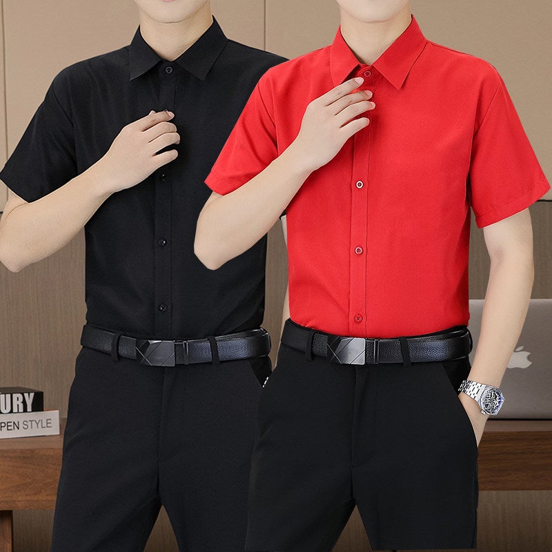 قميص أبيض بأكمام قصيرة للرجال صيفي عمل كاجوال مضاد للتجاعيد بقصة ضيقة بأكمام نصفية قميص أزرق-أسود زي عمل - Image 3