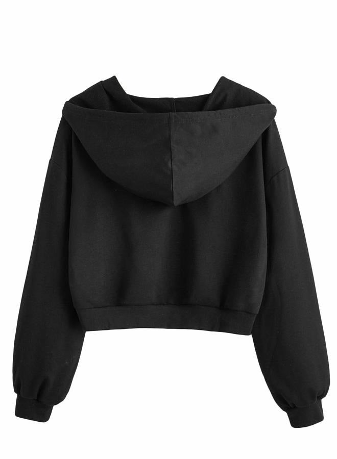 Verdusa Women's Long Sleeve Drop Shoulder Drawstring Crop Hoodie Sweatshirt Black M - Image 2