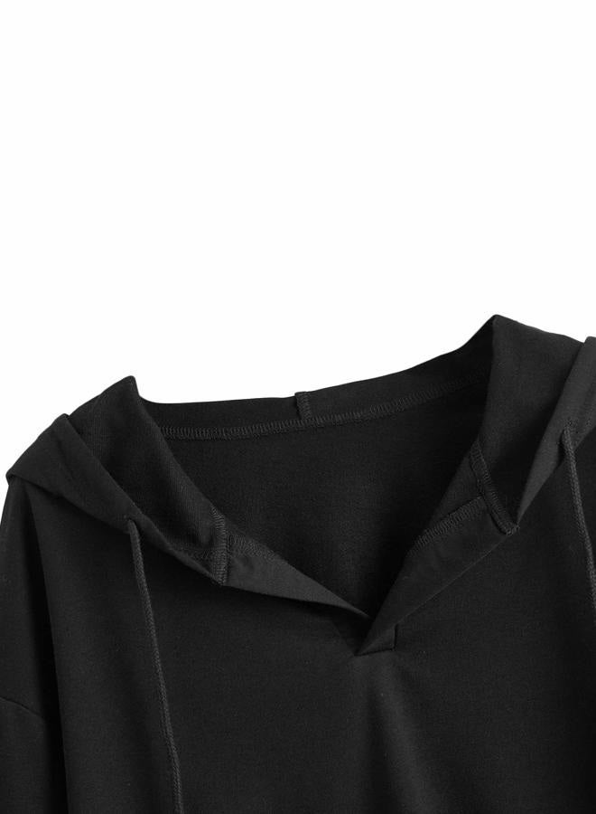 Verdusa Women's Long Sleeve Drop Shoulder Drawstring Crop Hoodie Sweatshirt Black M - Image 3