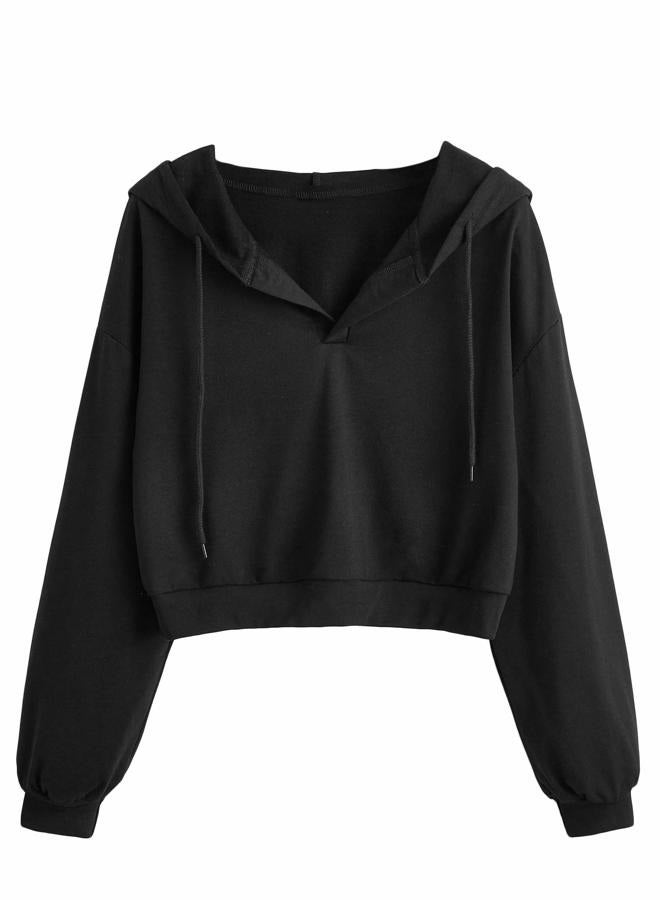 Verdusa Women's Long Sleeve Drop Shoulder Drawstring Crop Hoodie Sweatshirt Black M - Image 1