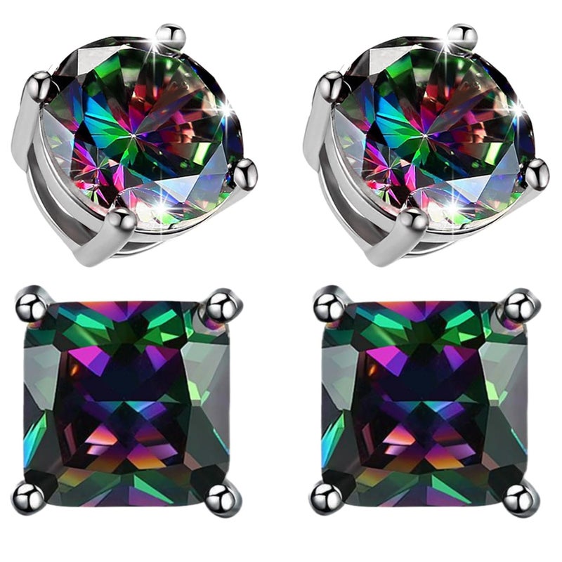 CCBFY 2 Pairs 18K White Gold Plated Round/Square CZ Earrings Created Rainbow Quartz Stud Earrings for Women Men (2 pairs set) - Image 1