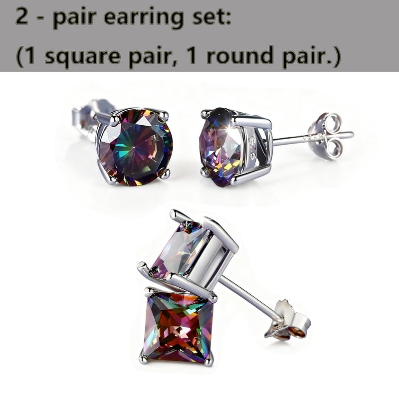 CCBFY 2 Pairs 18K White Gold Plated Round/Square CZ Earrings Created Rainbow Quartz Stud Earrings for Women Men (2 pairs set) - Image 2