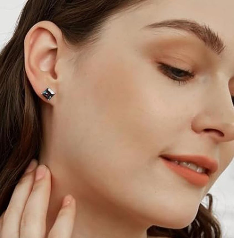 CCBFY 2 Pairs 18K White Gold Plated Round/Square CZ Earrings Created Rainbow Quartz Stud Earrings for Women Men (2 pairs set) - Image 4