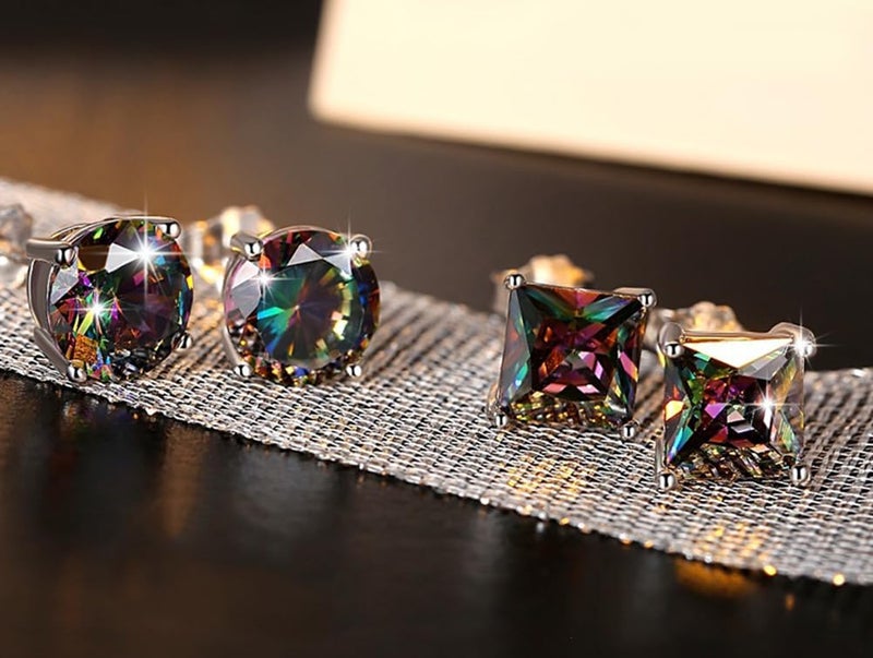 CCBFY 2 Pairs 18K White Gold Plated Round/Square CZ Earrings Created Rainbow Quartz Stud Earrings for Women Men (2 pairs set) - Image 3