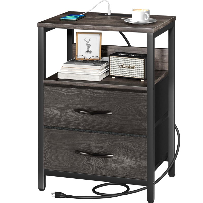 Yoobure Nightstand with Charging Station, Small Night Stand with Fabric Drawers and Storage Shelf for Bedrooms, Nightstands for Small Spaces, Bedside Table with USB Ports & Outlets, Bed Side Table - Image 1