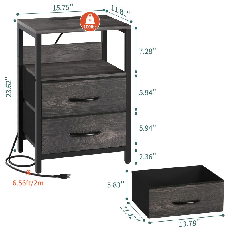 Yoobure Nightstand with Charging Station, Small Night Stand with Fabric Drawers and Storage Shelf for Bedrooms, Nightstands for Small Spaces, Bedside Table with USB Ports & Outlets, Bed Side Table - Image 4